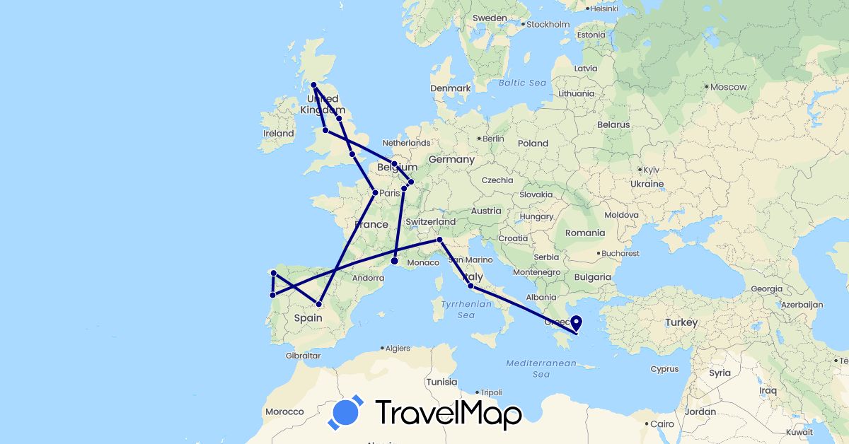 TravelMap itinerary: driving in Belgium, Spain, France, United Kingdom, Greece, Italy, Luxembourg, Portugal (Europe)